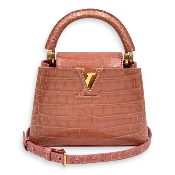 Capucines Mini Pink Shoulder Bag in Shiny Alligator, Gold hardware - Image 10