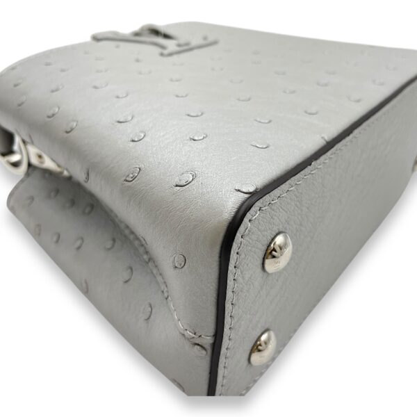 Capucines Mini Grey Top Handle Bag in Ostrich, Silver hardware - Image 8