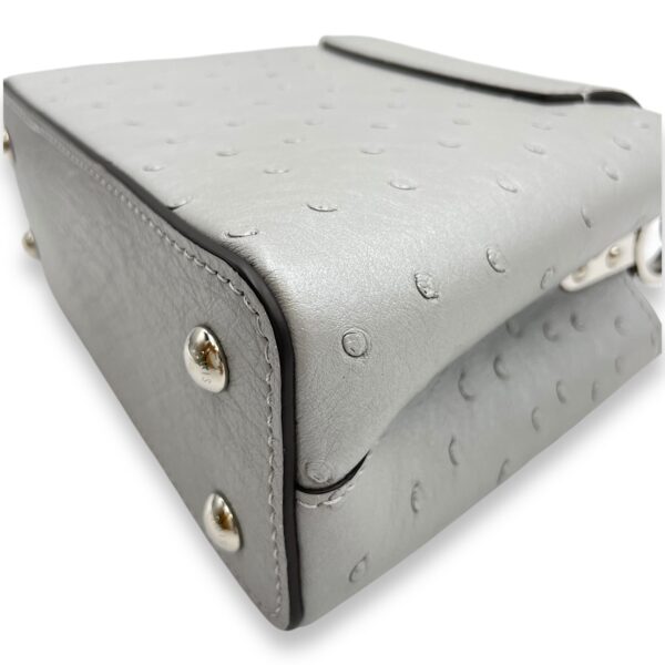 Capucines Mini Grey Top Handle Bag in Ostrich, Silver hardware - Image 11