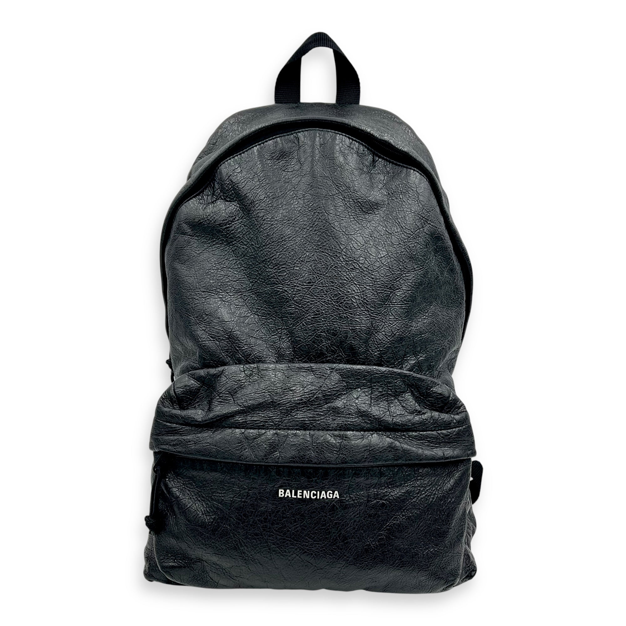 Logo Black Backpack in Distressed Leather, Silver hardware