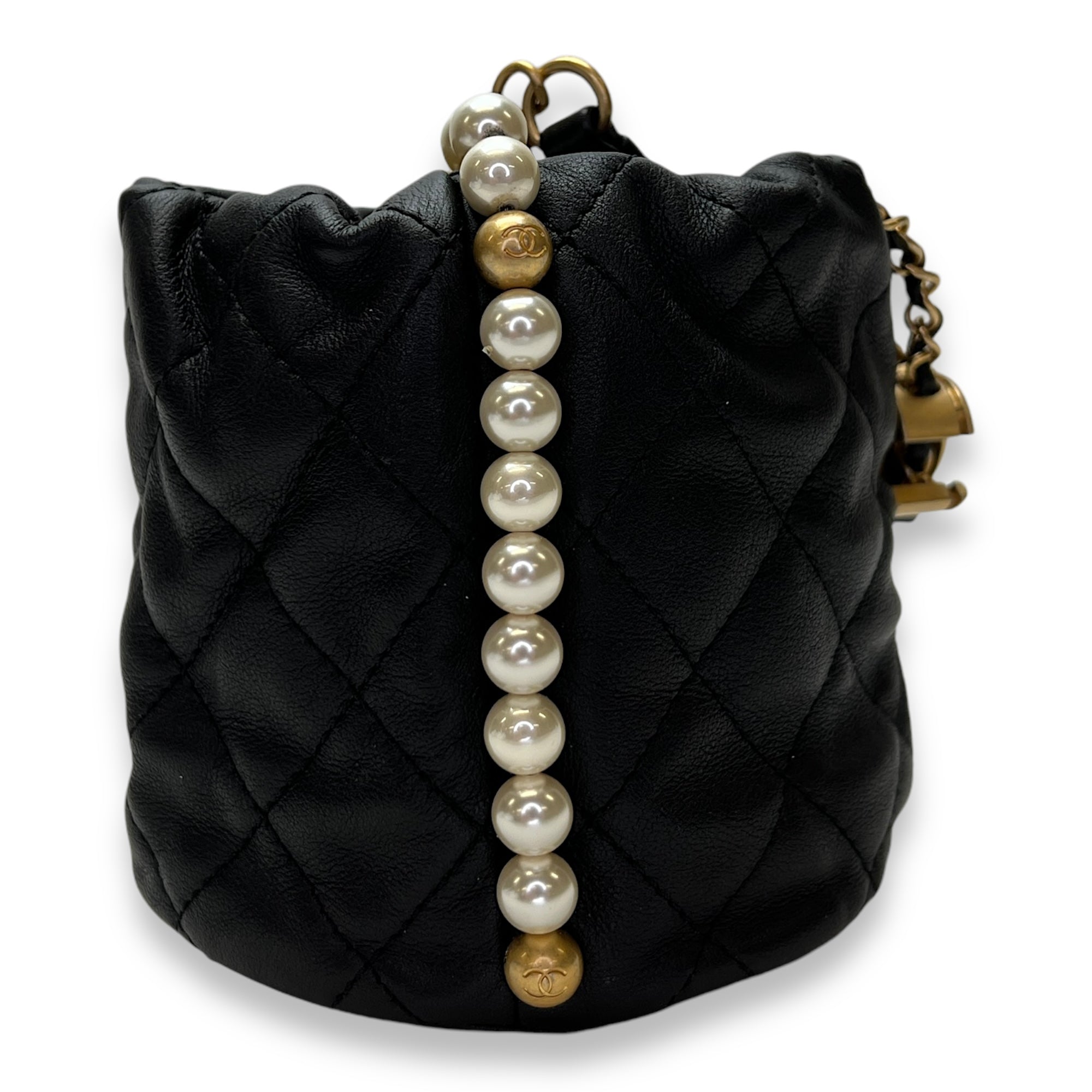 About Pearls Mini Black Bucket Bag in Calfskin, Gold hardware - Image 5