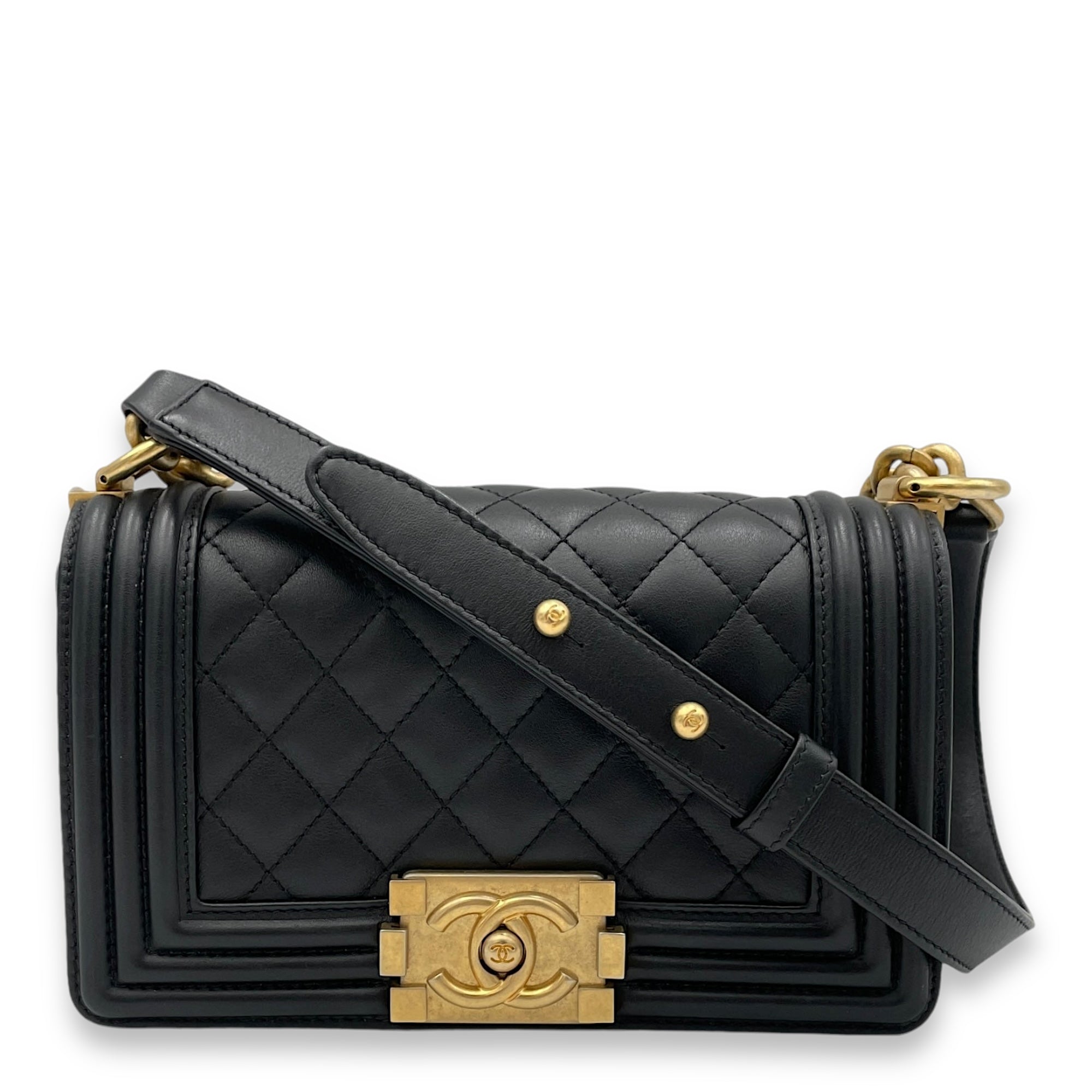 Boy Small Crossbody Bag Black in Calfskin, Brushed Gold