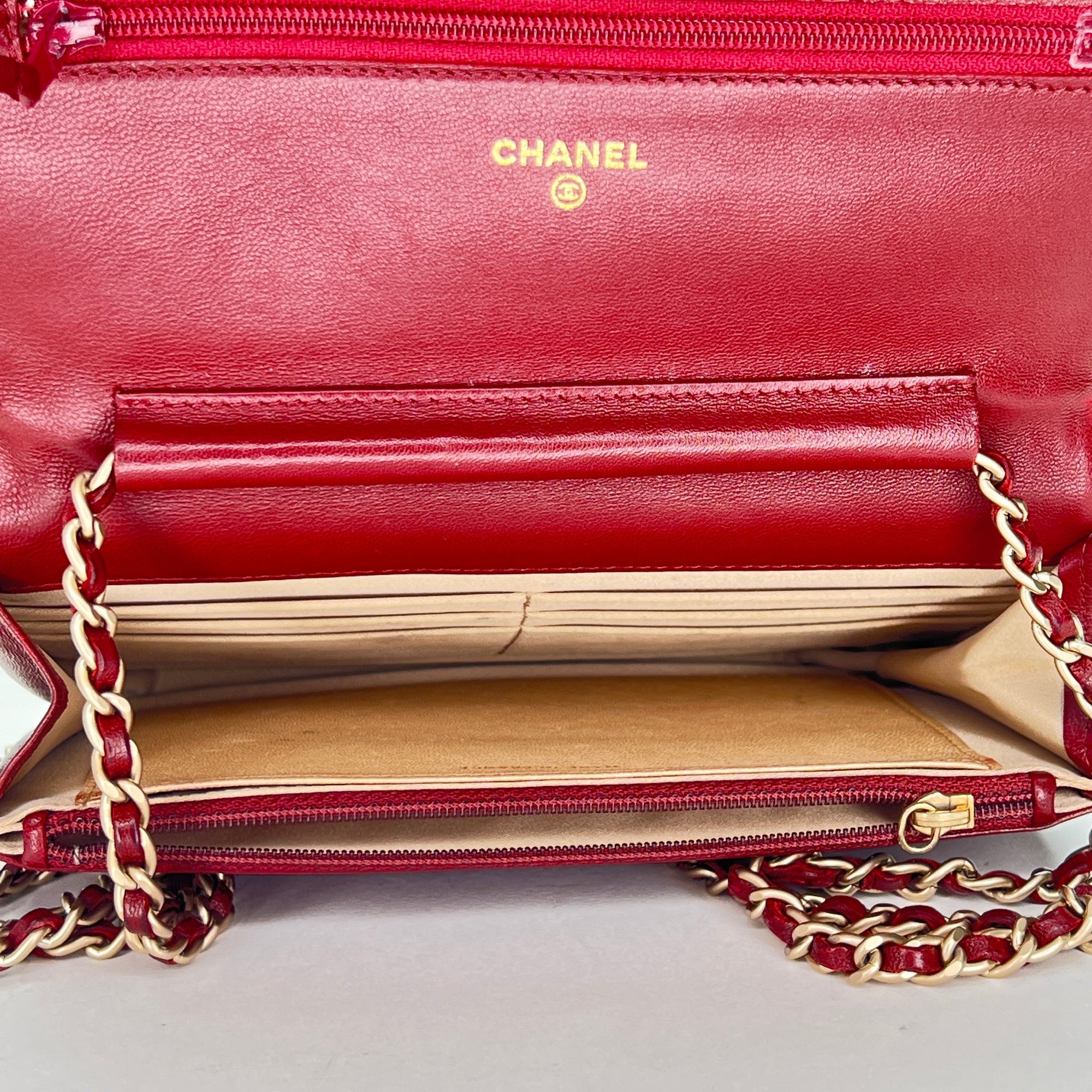 Camellia Red Wallet on Chain in Lambskin, Gold hardware - Image 12