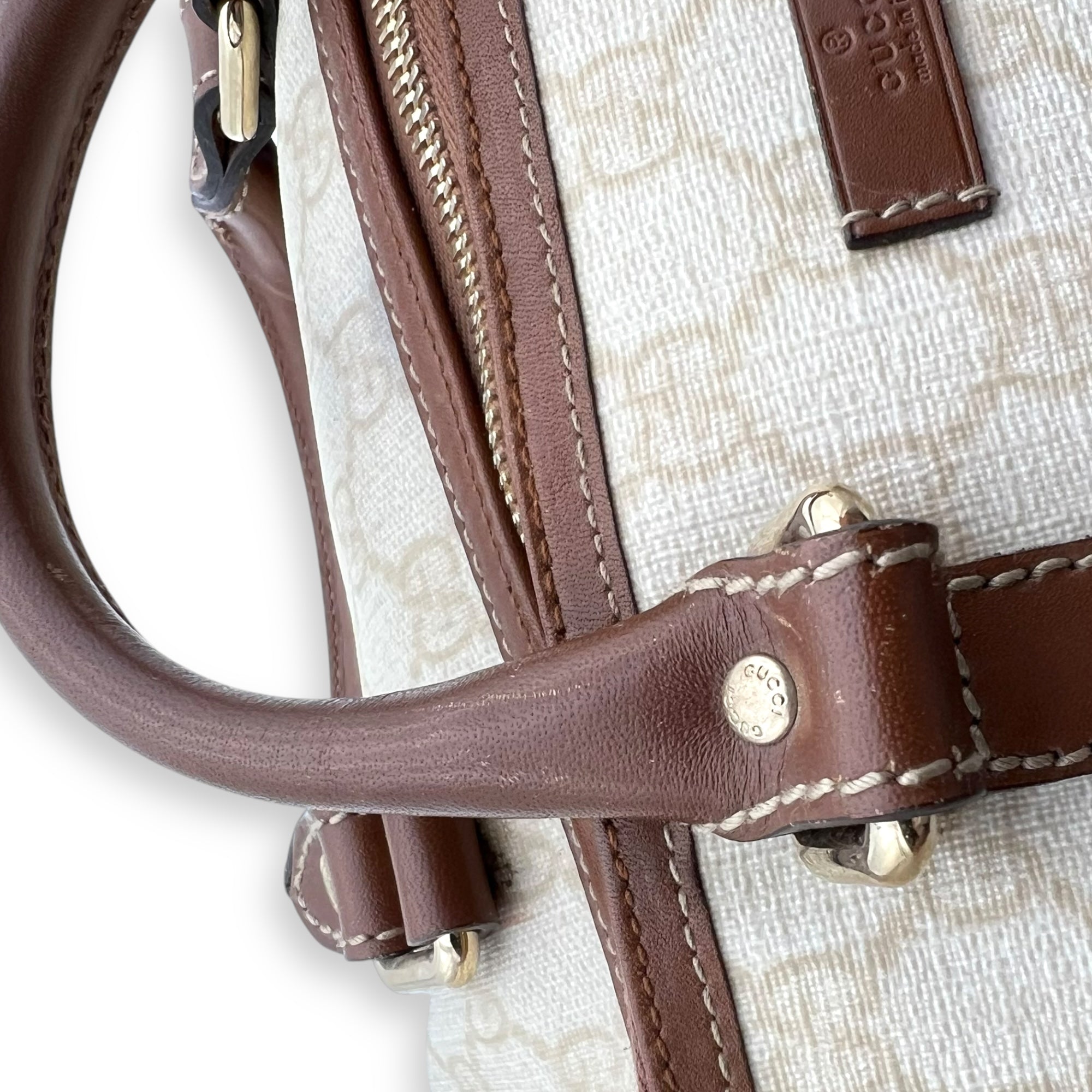 Boston White Top Handle Bag in Coated Canvas, Gold hardware - Image 12