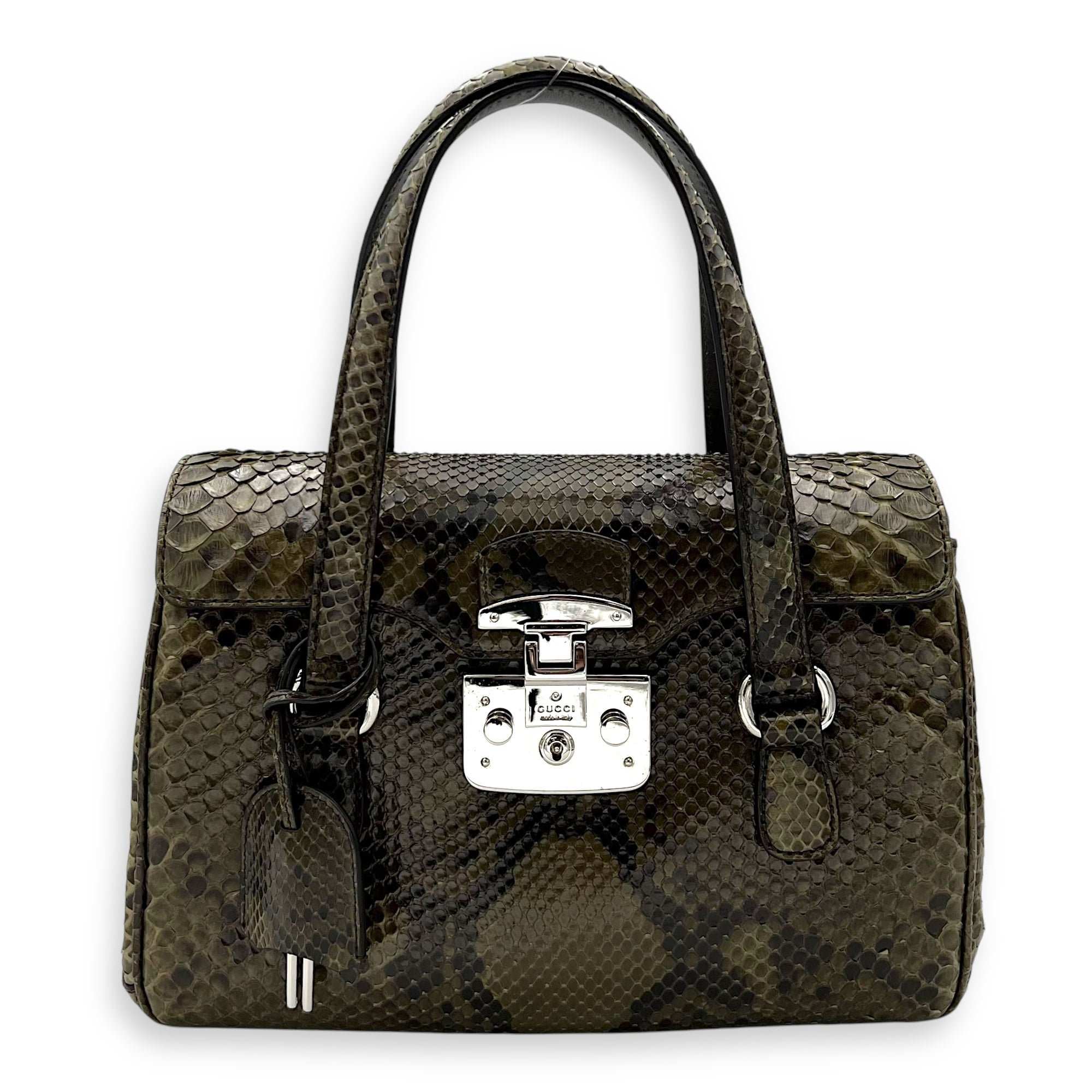 Flap Green Top Handle Bag in Snake Skin, Silver hardware