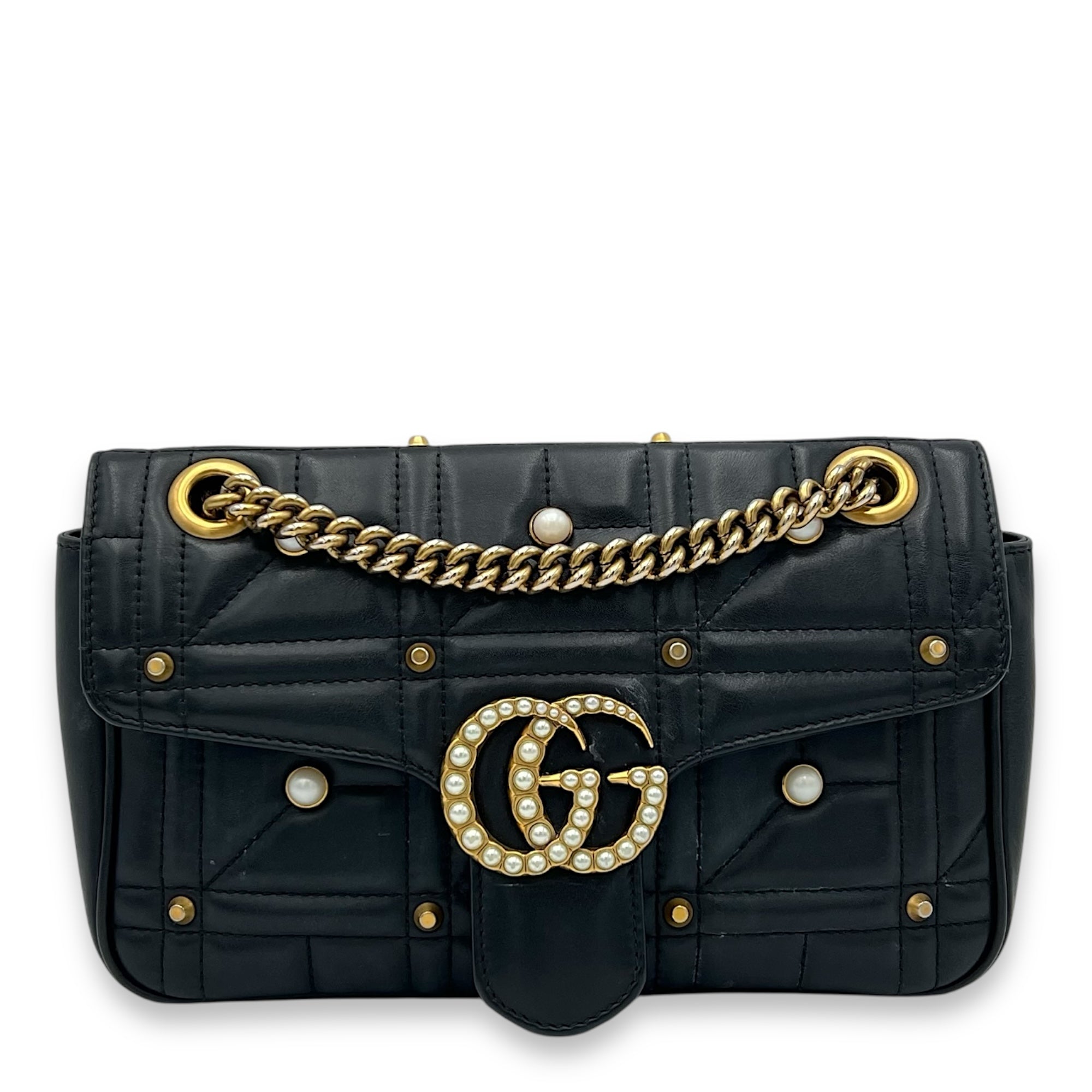 GG Marmont Small Black Shoulder Bag in Calfskin, Gold hardware