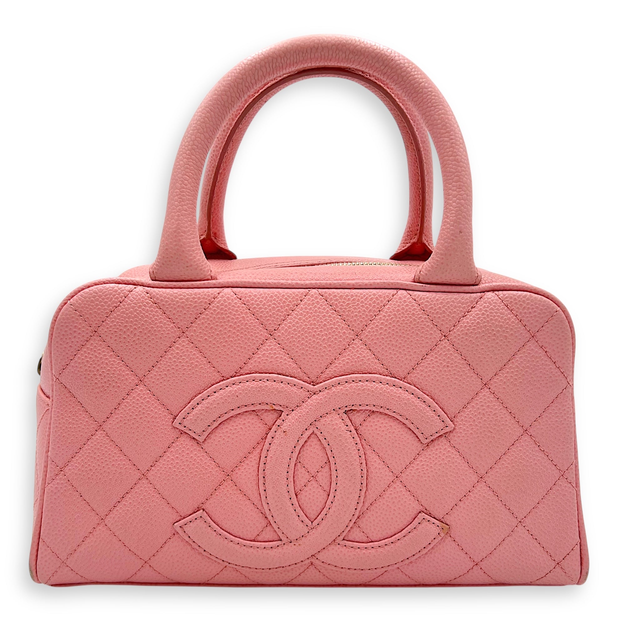 Bowling Pink Top Handle Bag in Caviar Leather, Gold hardware