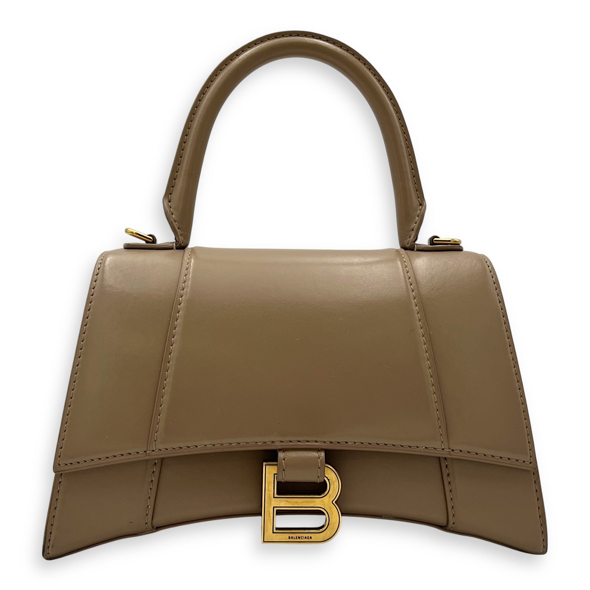 Hourglass Small Beige Top Handle Bag in Calfskin, Gold hardware
