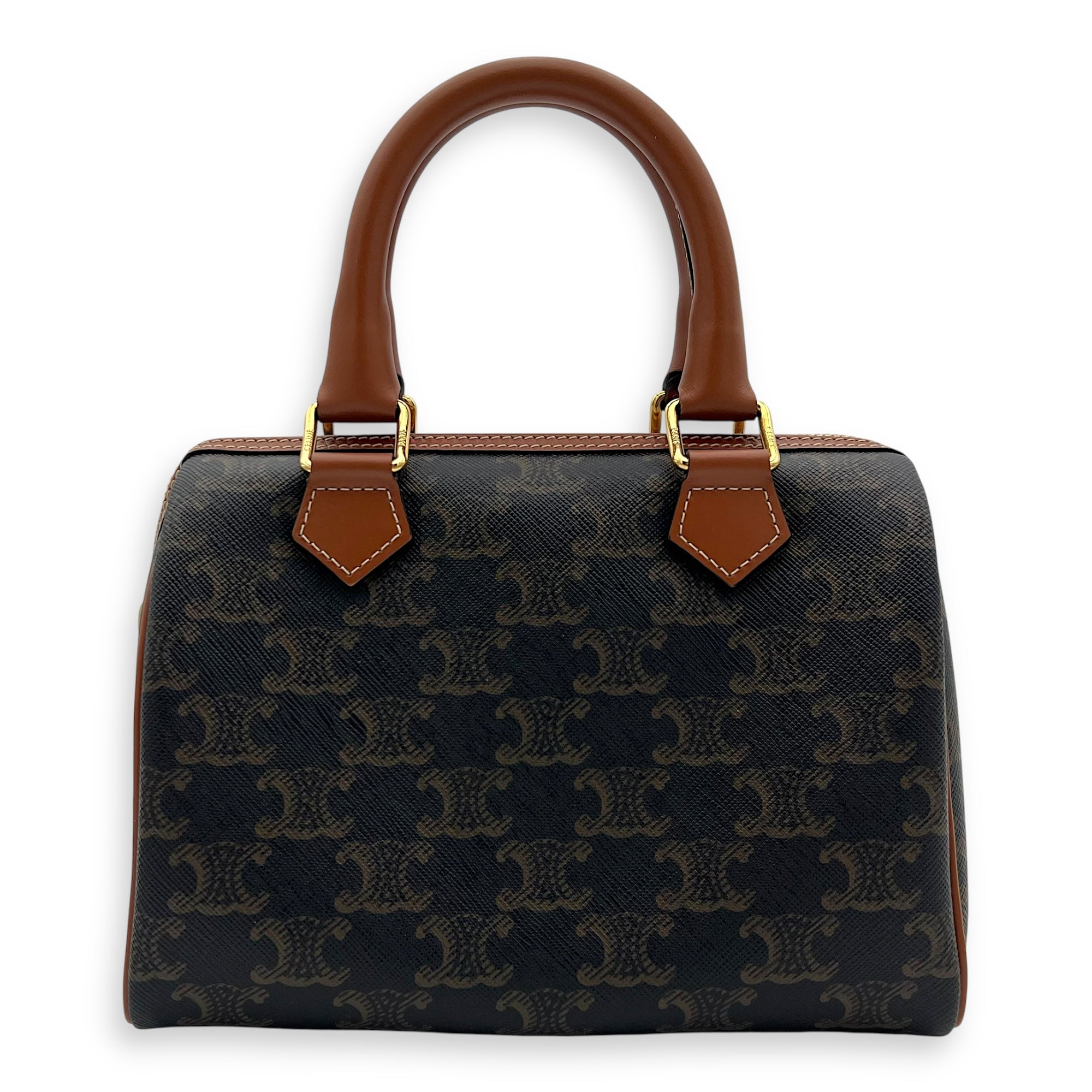 Triomphe Boston Brown Top Handle Bag in Coated Canvas, Gold hardware