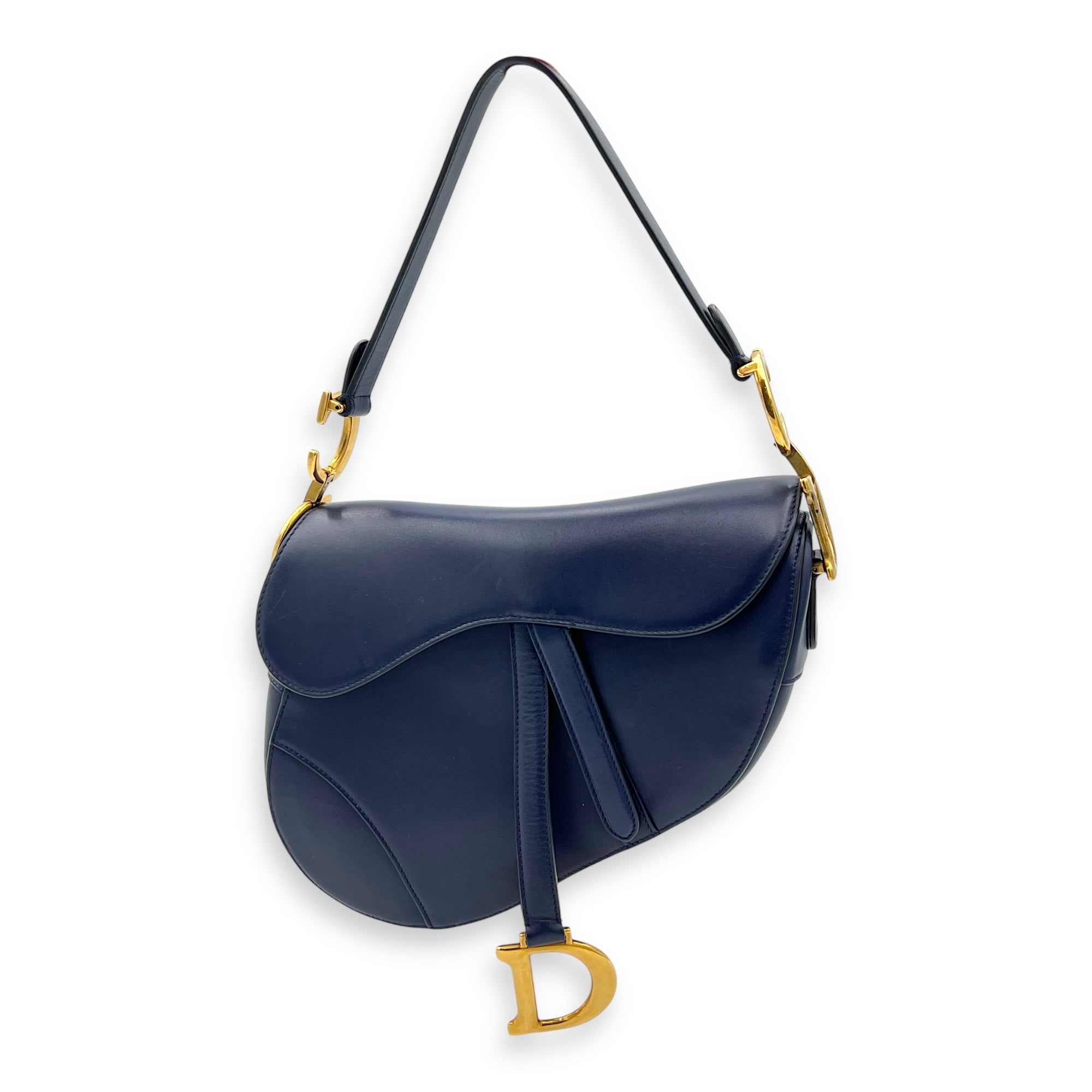 Saddle Shoulder Bag Blue in Calfskin, Gold hardware