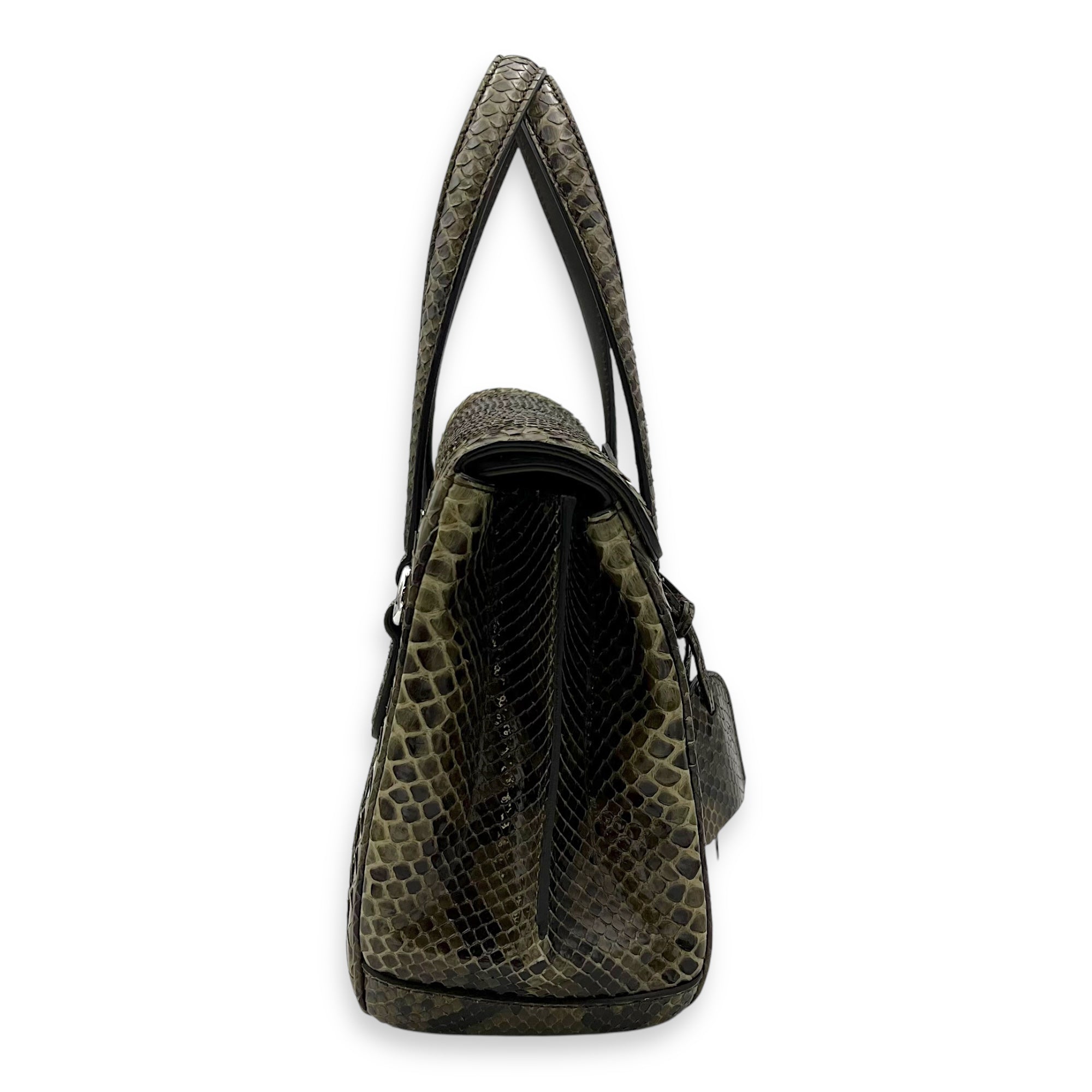 Flap Green Top Handle Bag in Snake Skin, Silver hardware - Image 4