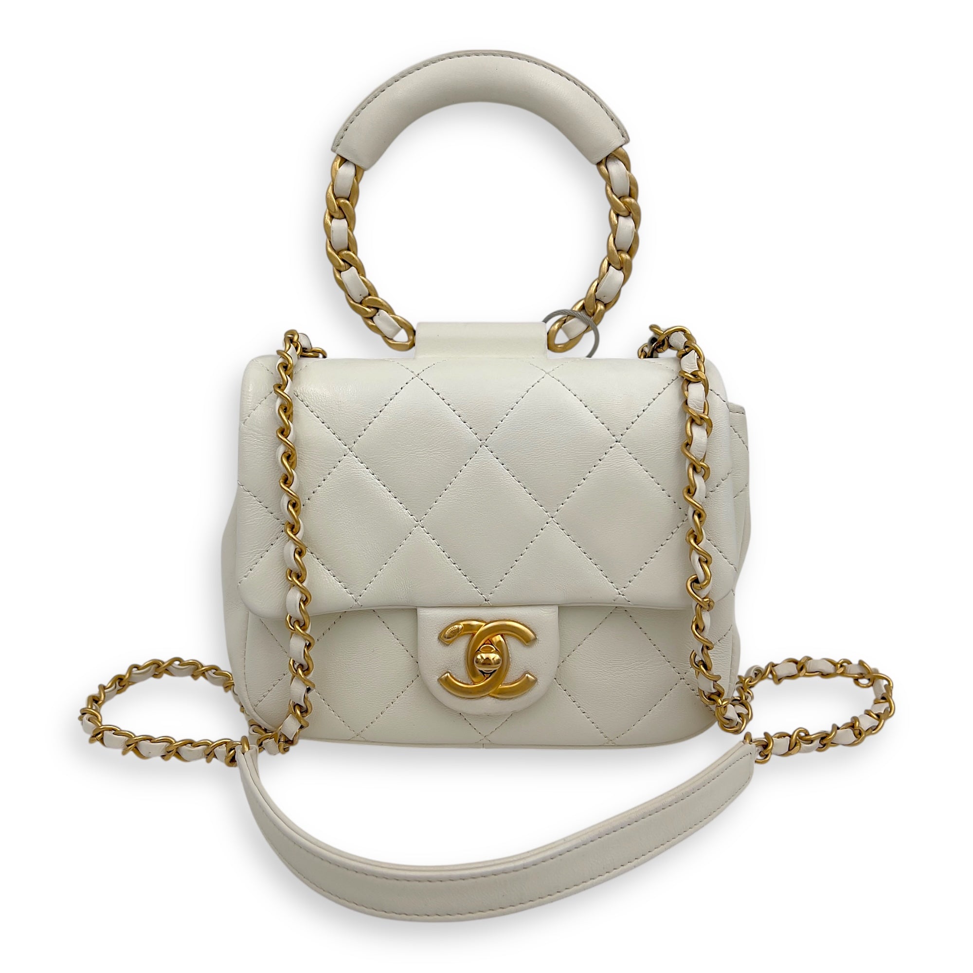 20C In The Loop CC Flap White Top Handle Bag in Lambskin, Gold hardware - Image 8