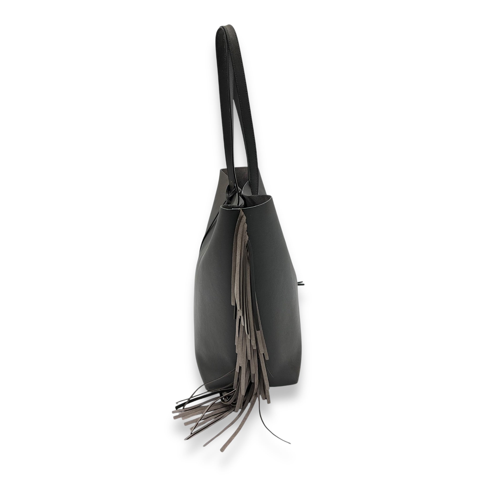 East West Shopping Fringe Tote Bag Grey in Calfskin, Silver hardware - Image 5