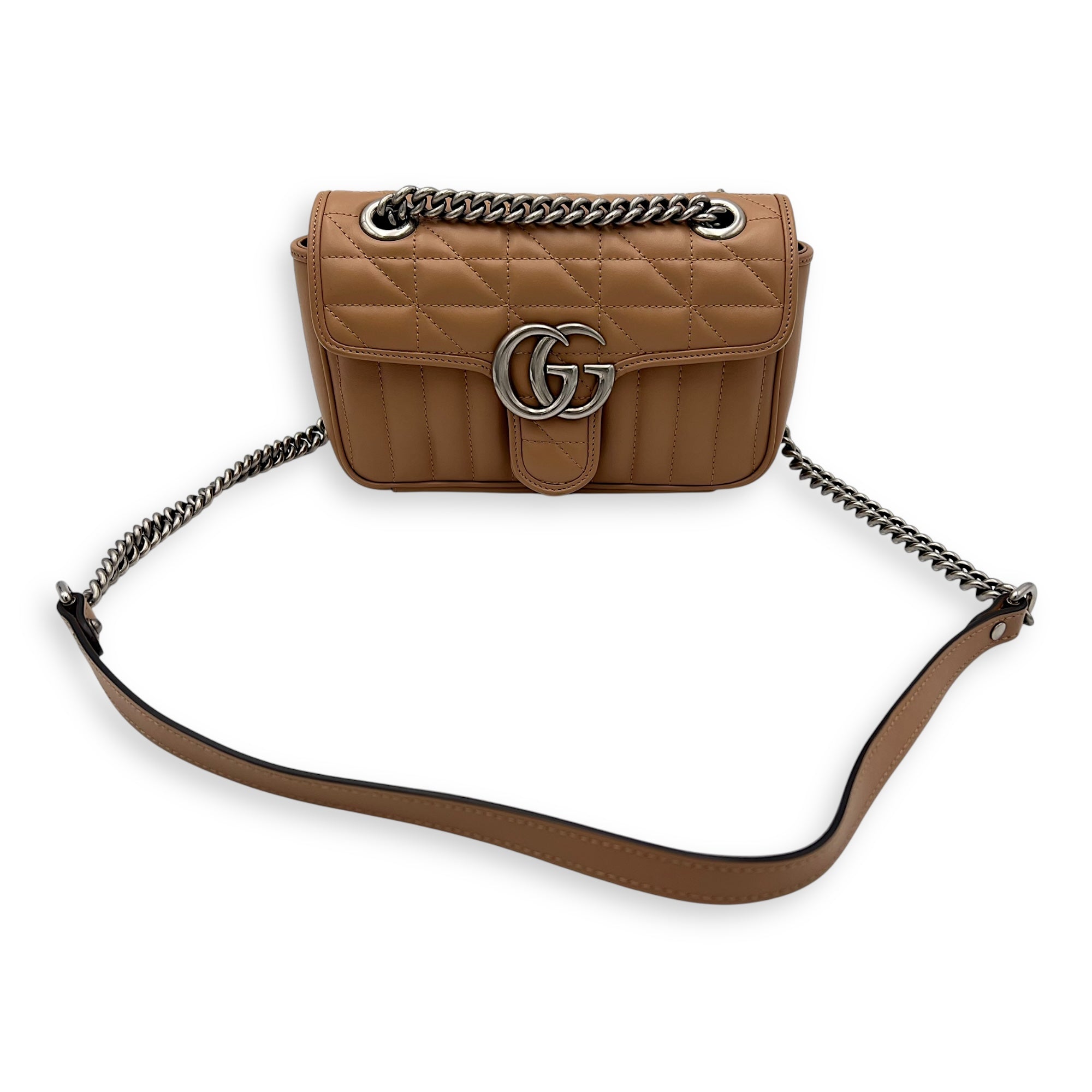 GG Marmont Mini Beige Crossbody Bag in Calfskin, Silver hardware - Image 11