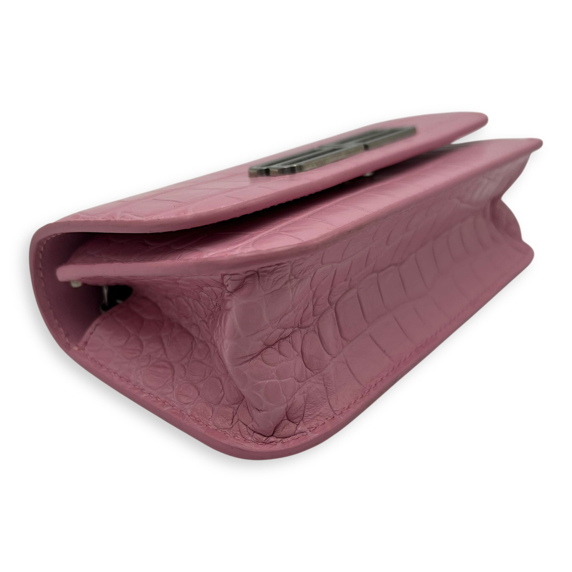 Gossip Wallet On Chain Pink in Crocodile Embossed Calfskin, Silver hardware - Image 11