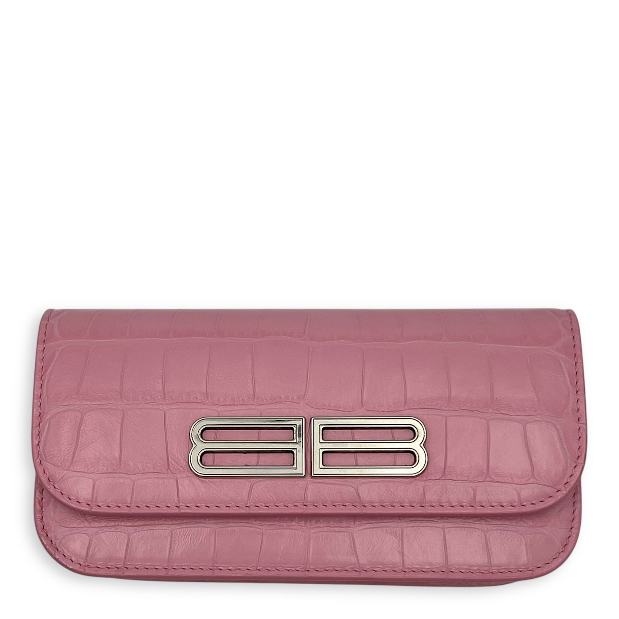 Gossip Wallet On Chain Pink in Crocodile Embossed Calfskin, Silver hardware