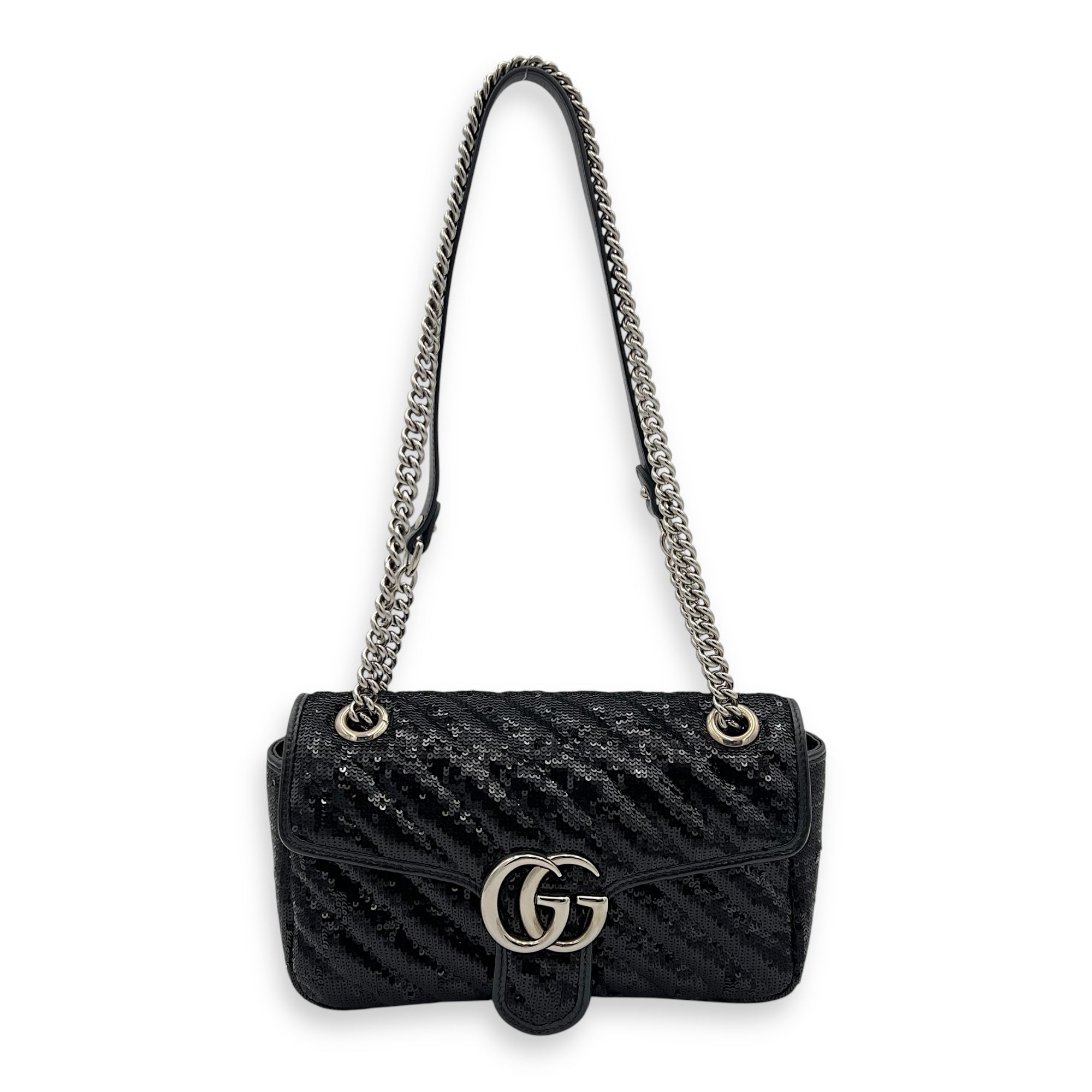 GG Marmont Shoulder Bag Black in Sequins, Silver hardware - Image 10